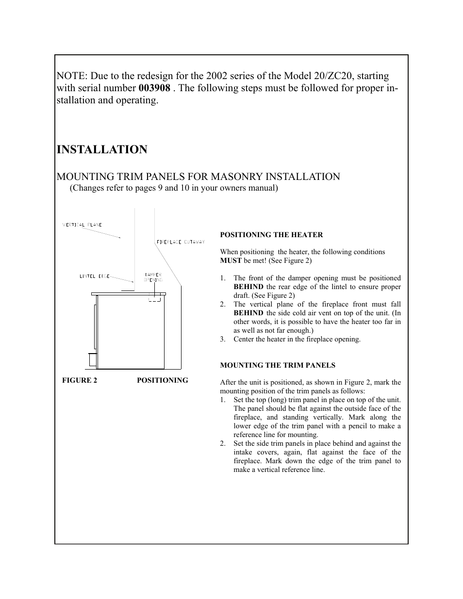 Installation, Mounting trim panels for masonry installation | New Buck Corporation 20 Room Heater User Manual | Page 10 / 62