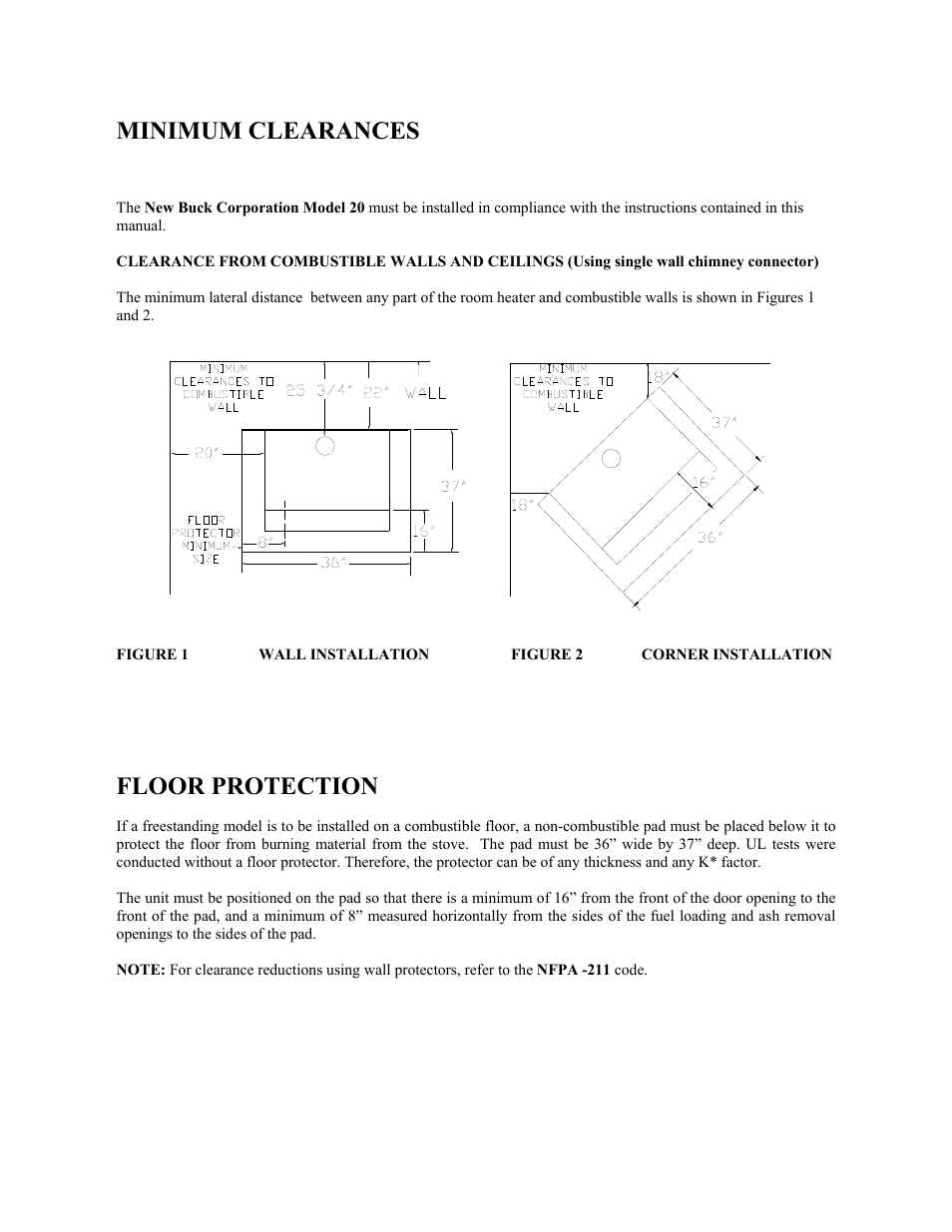 Minimum clearances, Floor protection | New Buck Corporation 20 Room Heater User Manual | Page 14 / 62