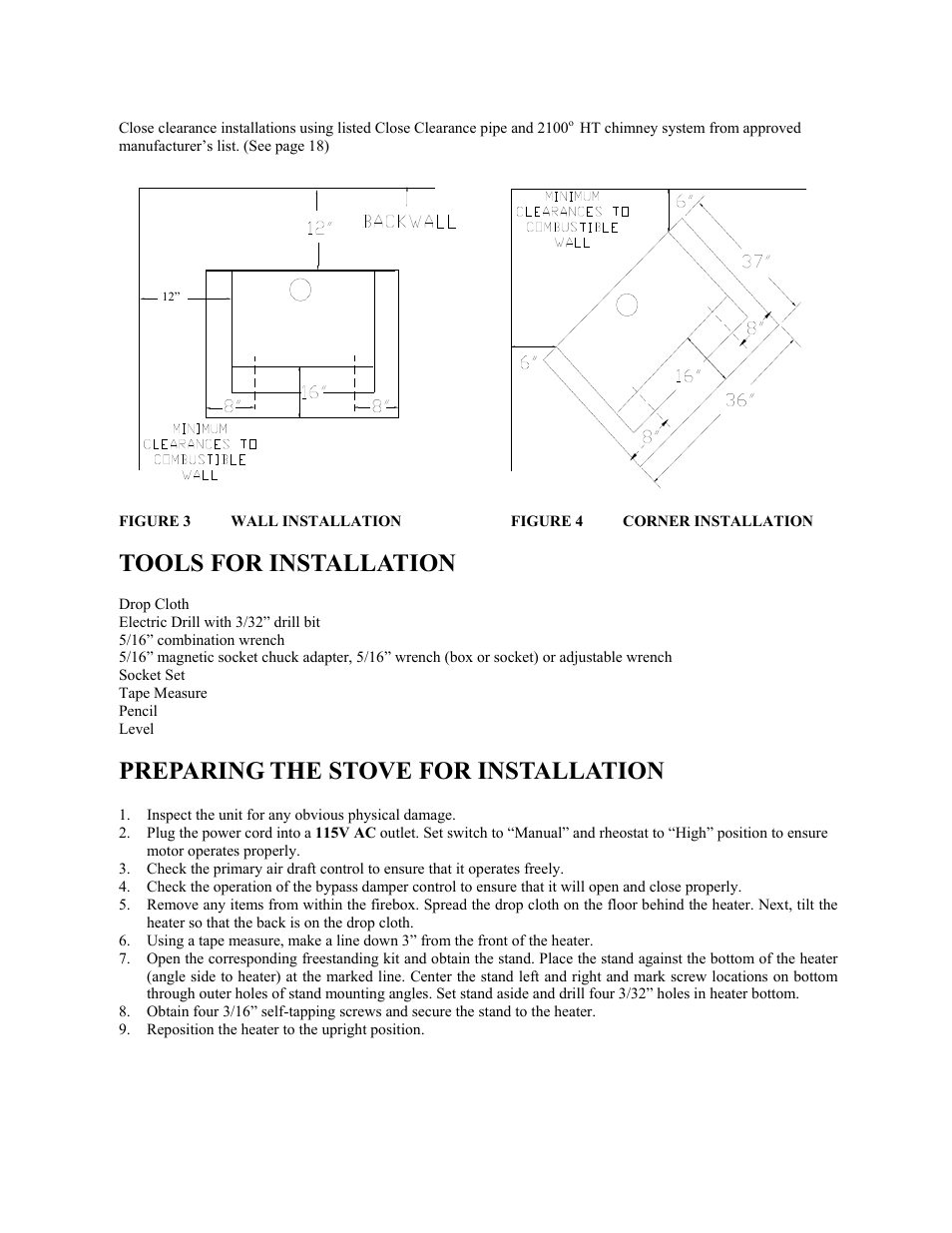 Tools for installation, Preparing the stove for installation | New Buck Corporation 20 Room Heater User Manual | Page 15 / 62