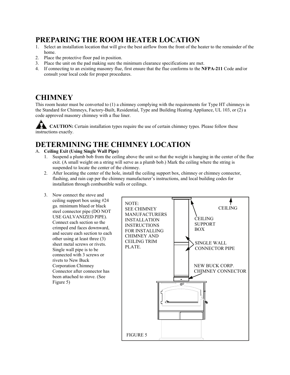 Preparing the room heater location, Chimney, Determining the chimney location | New Buck Corporation 20 Room Heater User Manual | Page 16 / 62