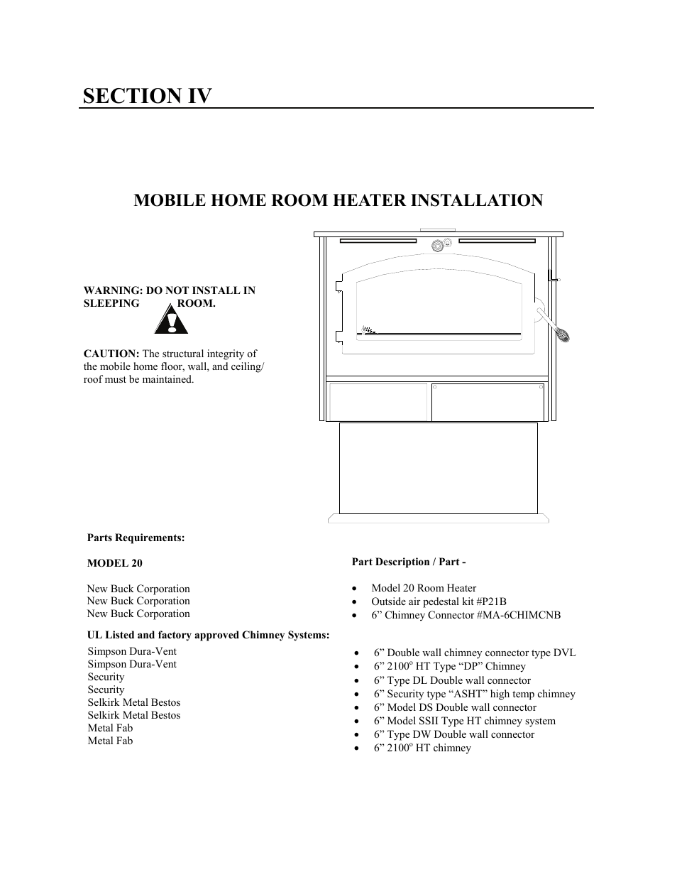 Mobile home room heater installation | New Buck Corporation 20 Room Heater User Manual | Page 20 / 62