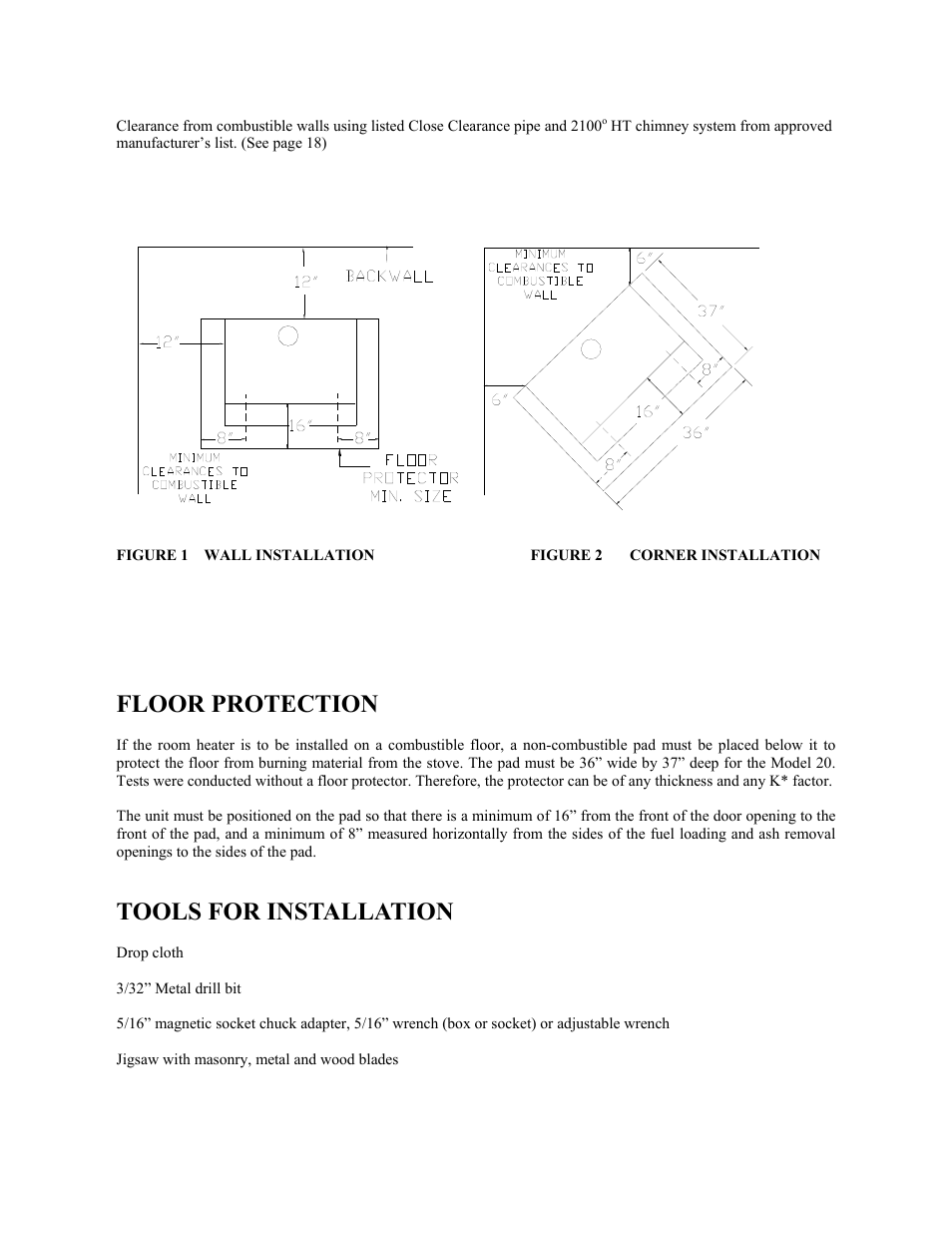 Floor protection, Tools for installation | New Buck Corporation 20 Room Heater User Manual | Page 21 / 62