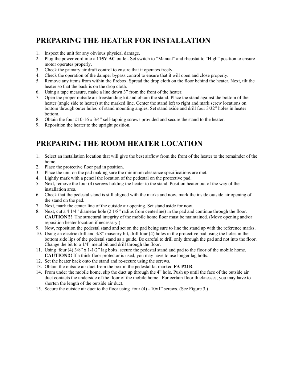 Preparing the heater for installation, Preparing the room heater location | New Buck Corporation 20 Room Heater User Manual | Page 22 / 62