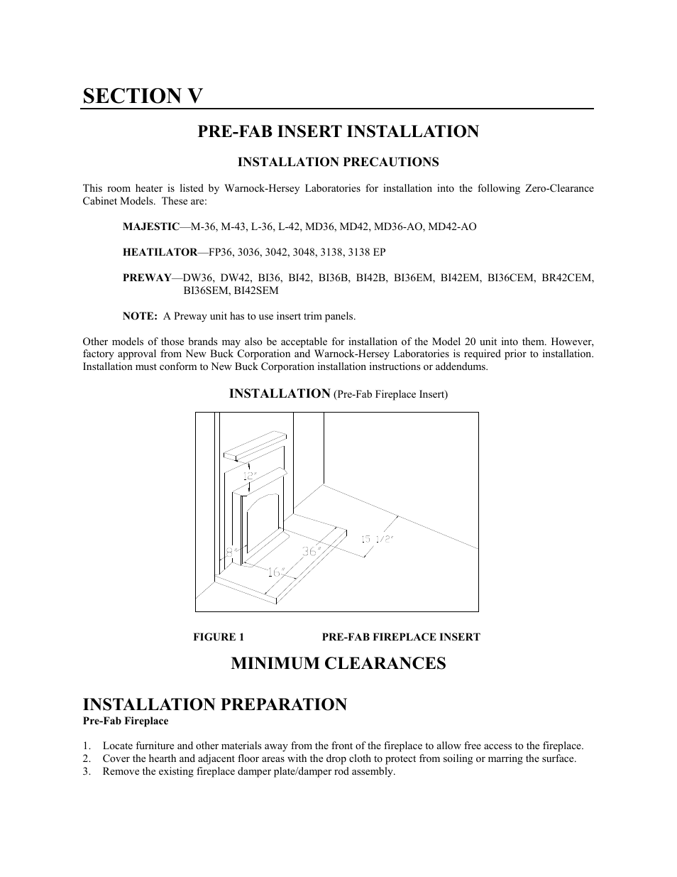 Pre-fab insert installation, Minimum clearances installation preparation | New Buck Corporation 20 Room Heater User Manual | Page 25 / 62