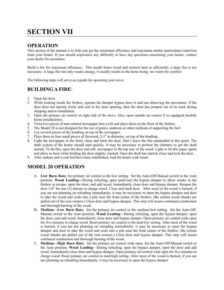 Operation, Building a fire, Model 20 operation | New Buck Corporation 20 Room Heater User Manual | Page 30 / 62