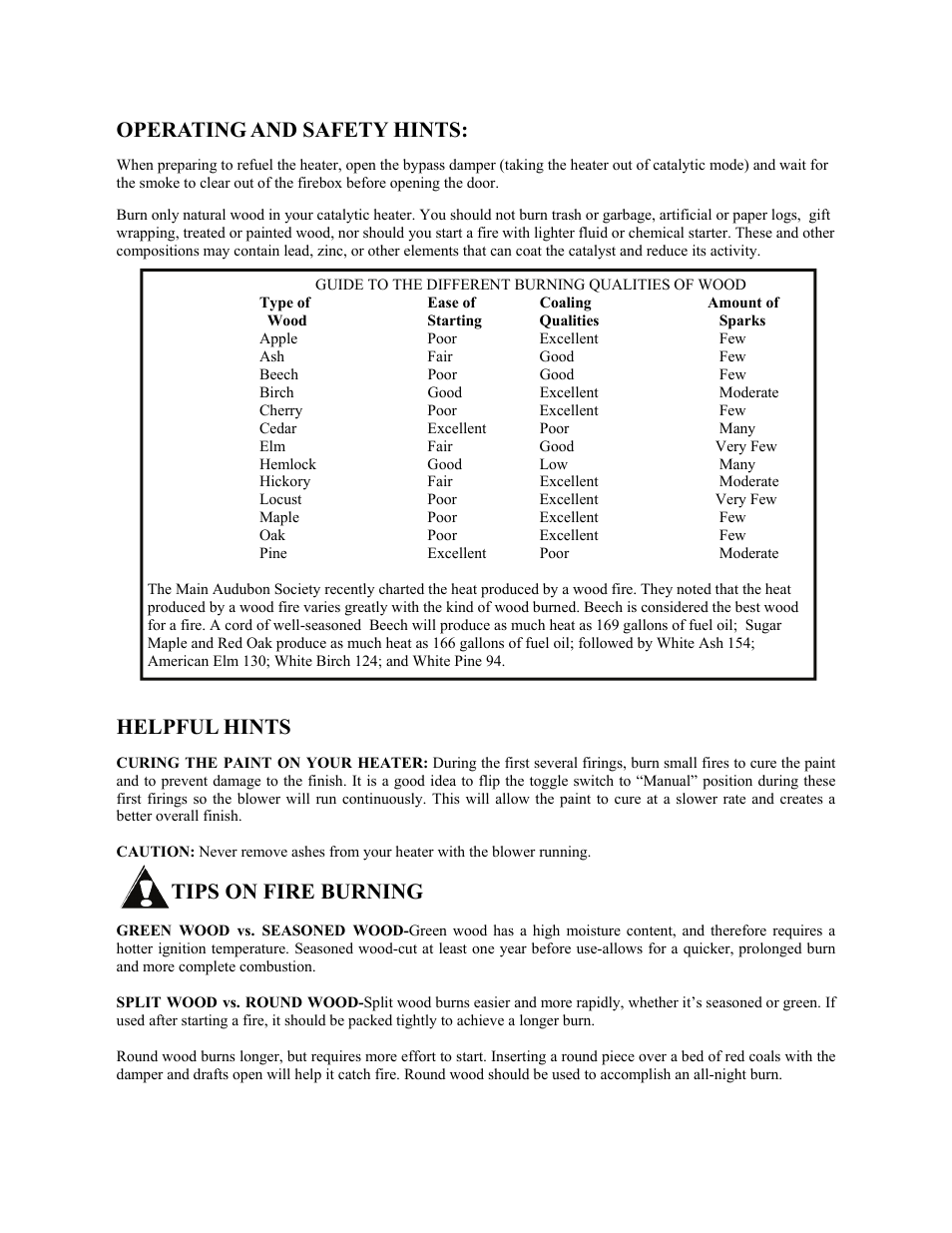 Operating and safety hints, Helpful hints, Tips on fire burning | New Buck Corporation 20 Room Heater User Manual | Page 32 / 62