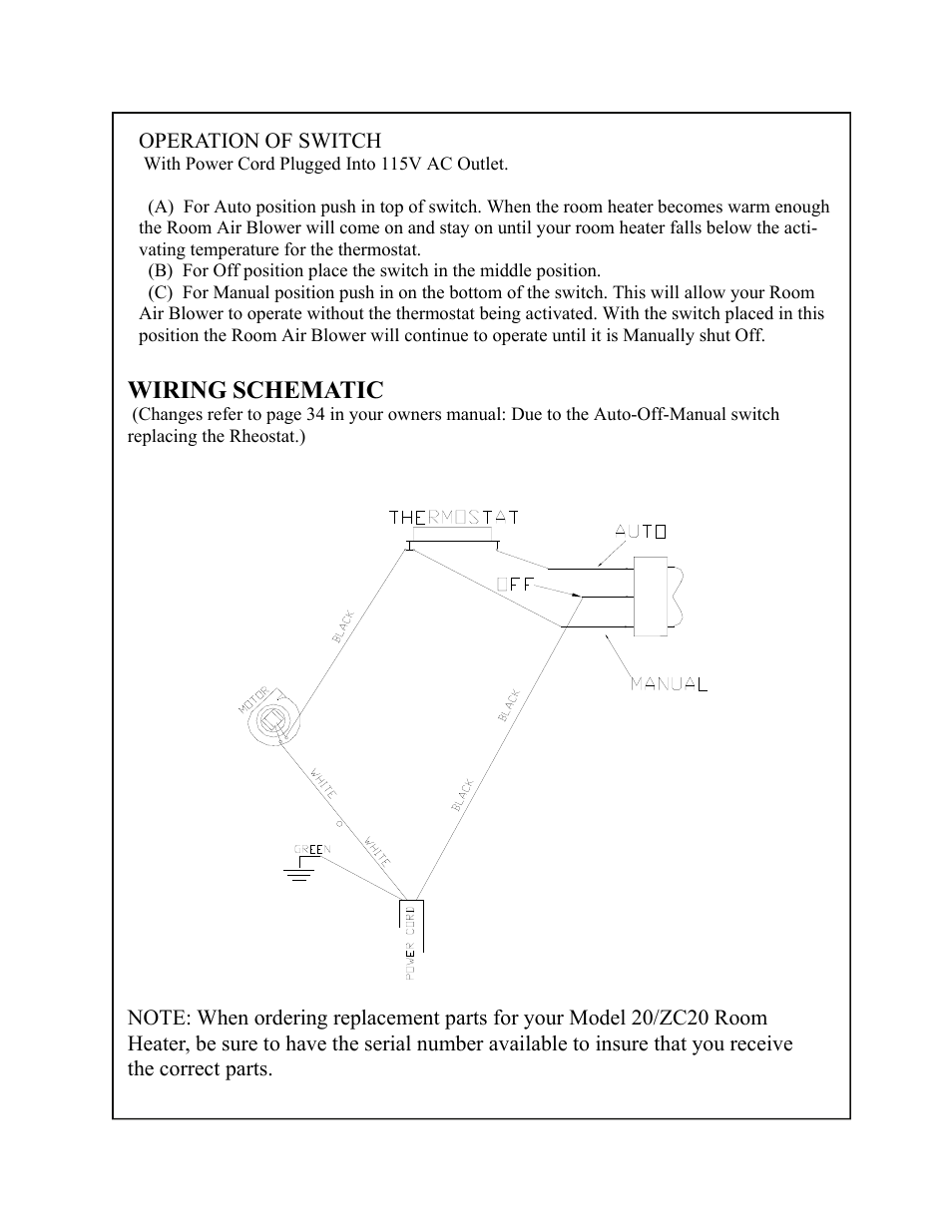Wiring schematic | New Buck Corporation 20 Room Heater User Manual | Page 36 / 62