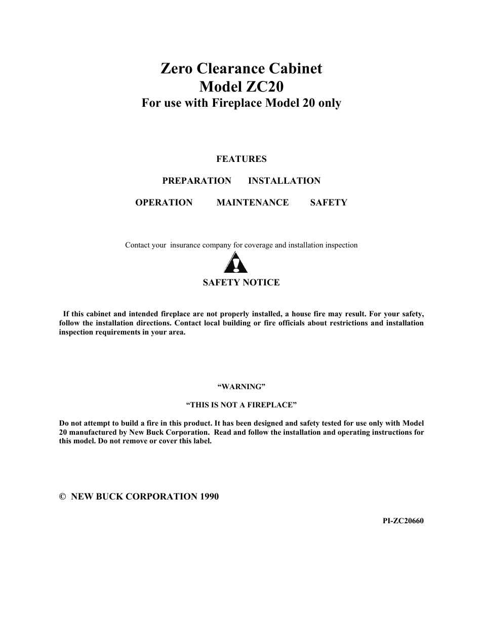 Zero clearance cabinet model zc20, For use with fireplace model 20 only | New Buck Corporation 20 Room Heater User Manual | Page 47 / 62