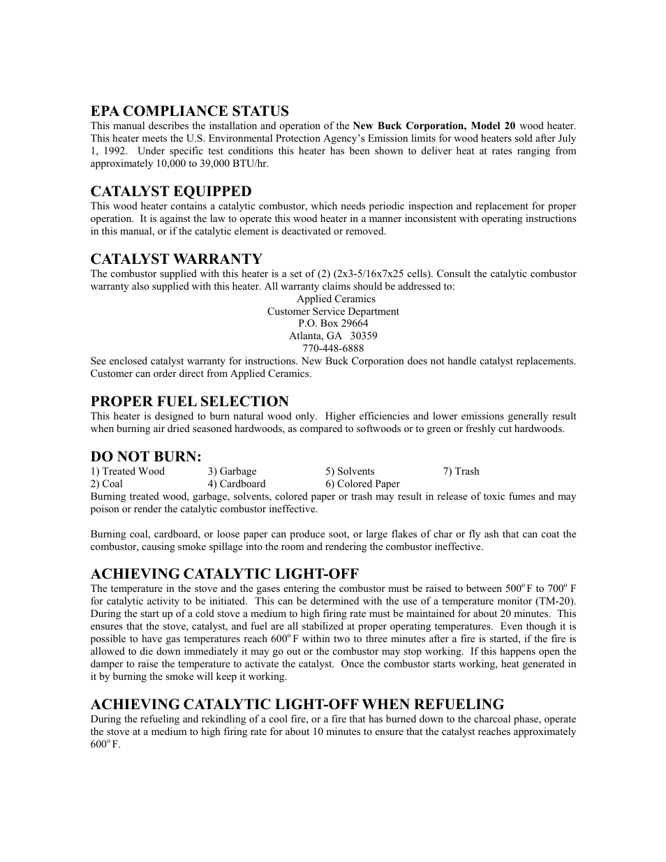 Epa compliance status, Catalyst equipped, Catalyst warranty | Proper fuel selection, Do not burn, Achieving catalytic light-off, Achieving catalytic light-off when refueling | New Buck Corporation 20 Room Heater User Manual | Page 5 / 62