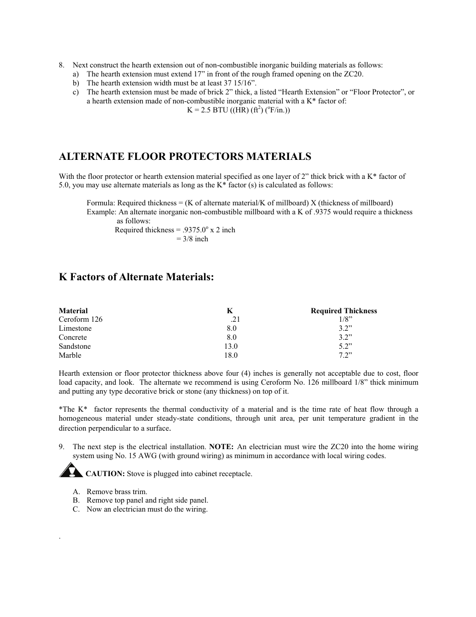 Alternate floor protectors materials, K factors of alternate materials | New Buck Corporation 20 Room Heater User Manual | Page 53 / 62