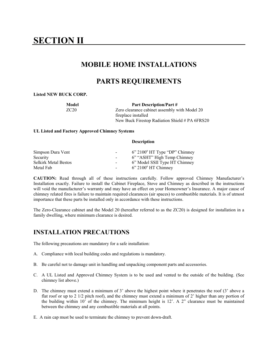 Mobile home installations parts requirements, Installation precautions | New Buck Corporation 20 Room Heater User Manual | Page 55 / 62