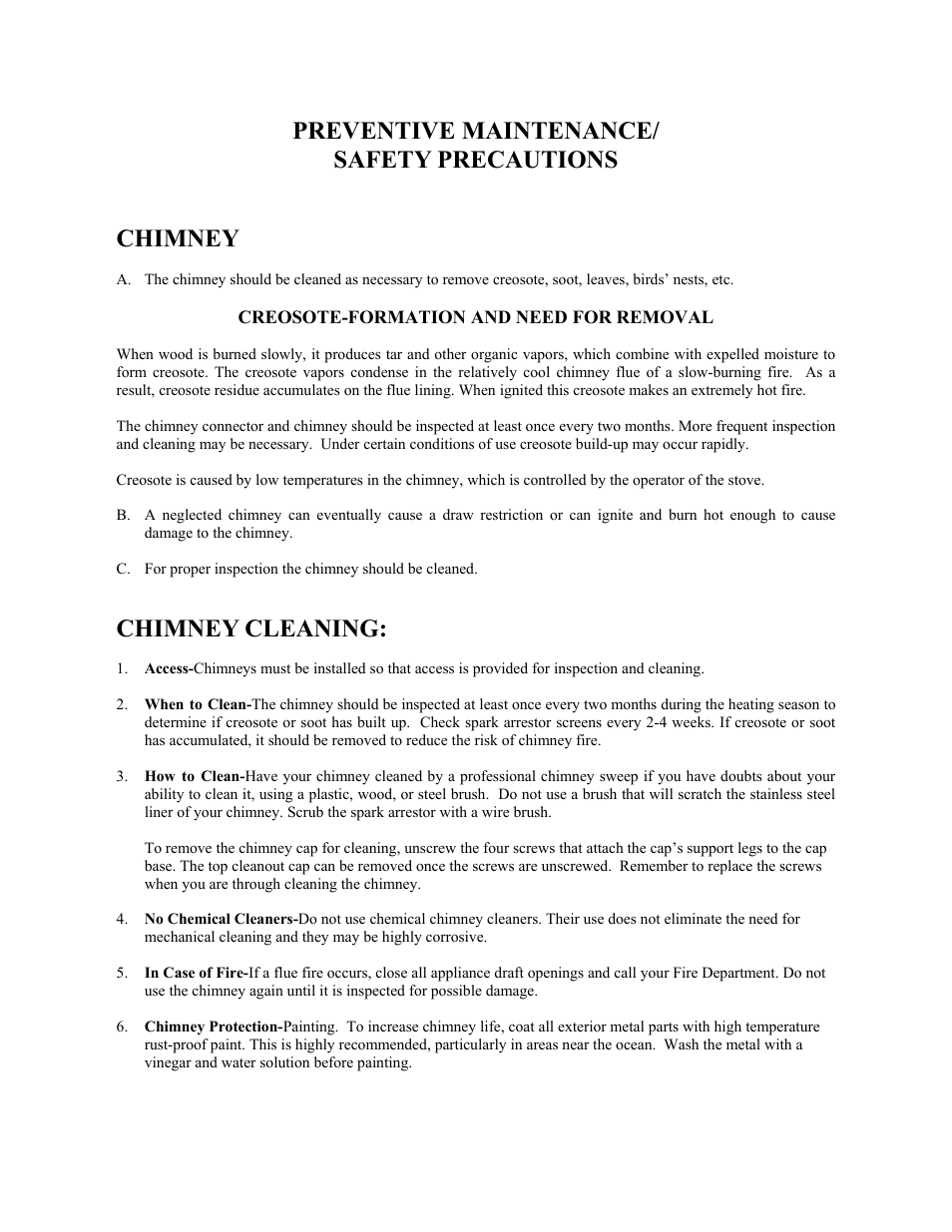 Preventive maintenance/ safety precautions, Chimney, Chimney cleaning | New Buck Corporation 20 Room Heater User Manual | Page 61 / 62