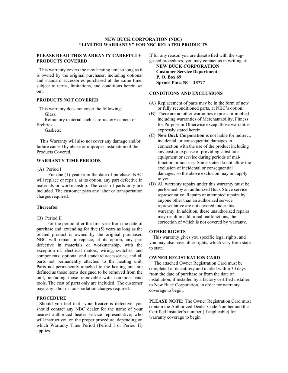 New Buck Corporation 20 Room Heater User Manual | Page 62 / 62