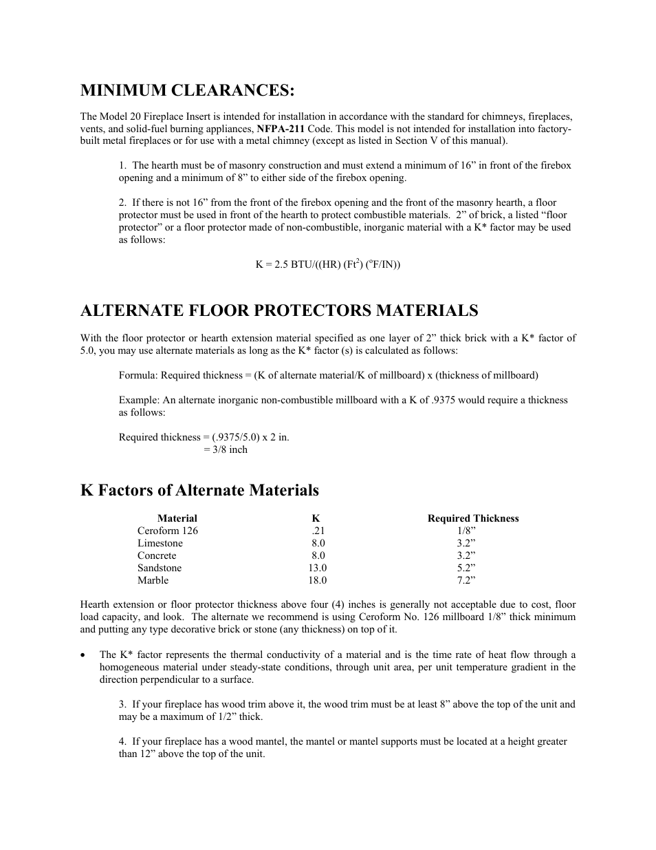 Minimum clearances, Alternate floor protectors materials, K factors of alternate materials | New Buck Corporation 20 Room Heater User Manual | Page 8 / 62