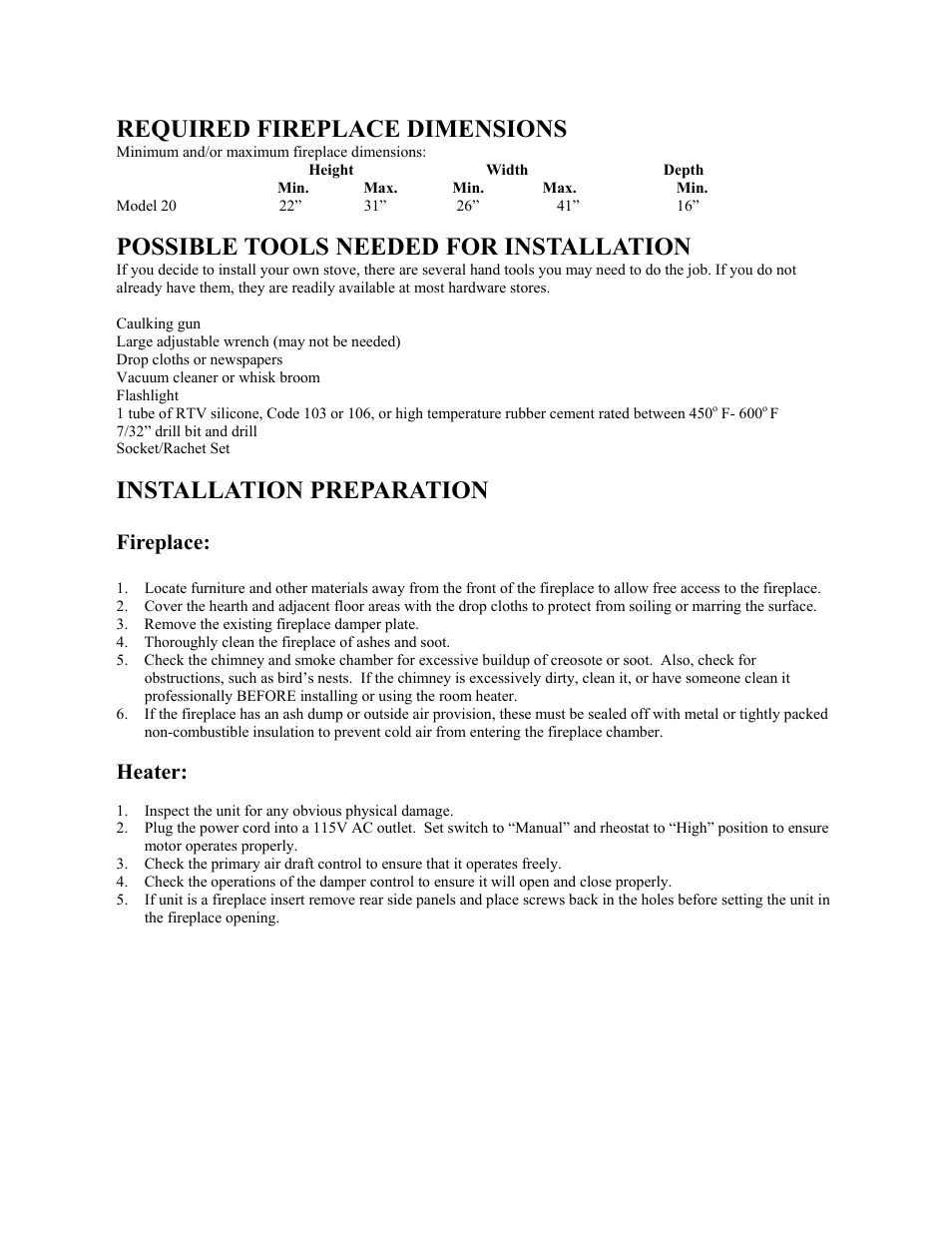 Required fireplace dimensions, Possible tools needed for installation, Installation preparation | Fireplace, Heater | New Buck Corporation 20 Room Heater User Manual | Page 9 / 62