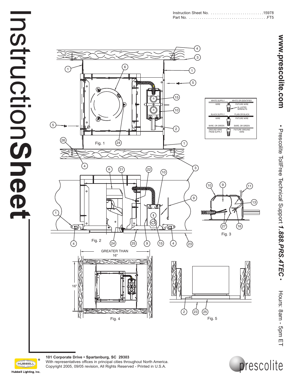 Instruction sheet, Prs.4tec, Prescolite tollfree technical support | Hours: 8am - 5pm et | Prescolite FT5 User Manual | Page 3 / 3