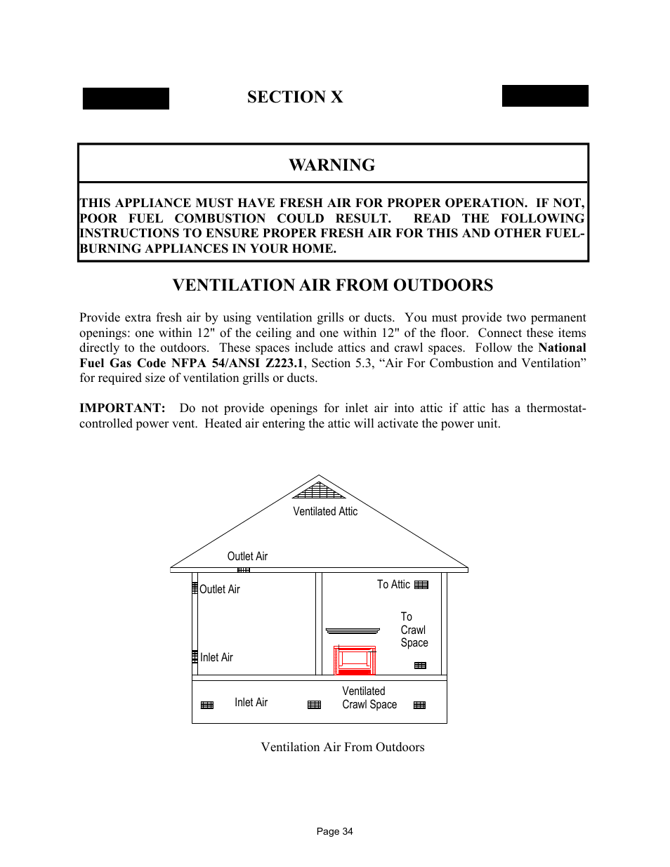 Ventilation air from outdoors, Warning | New Buck Corporation 384 User Manual | Page 38 / 54