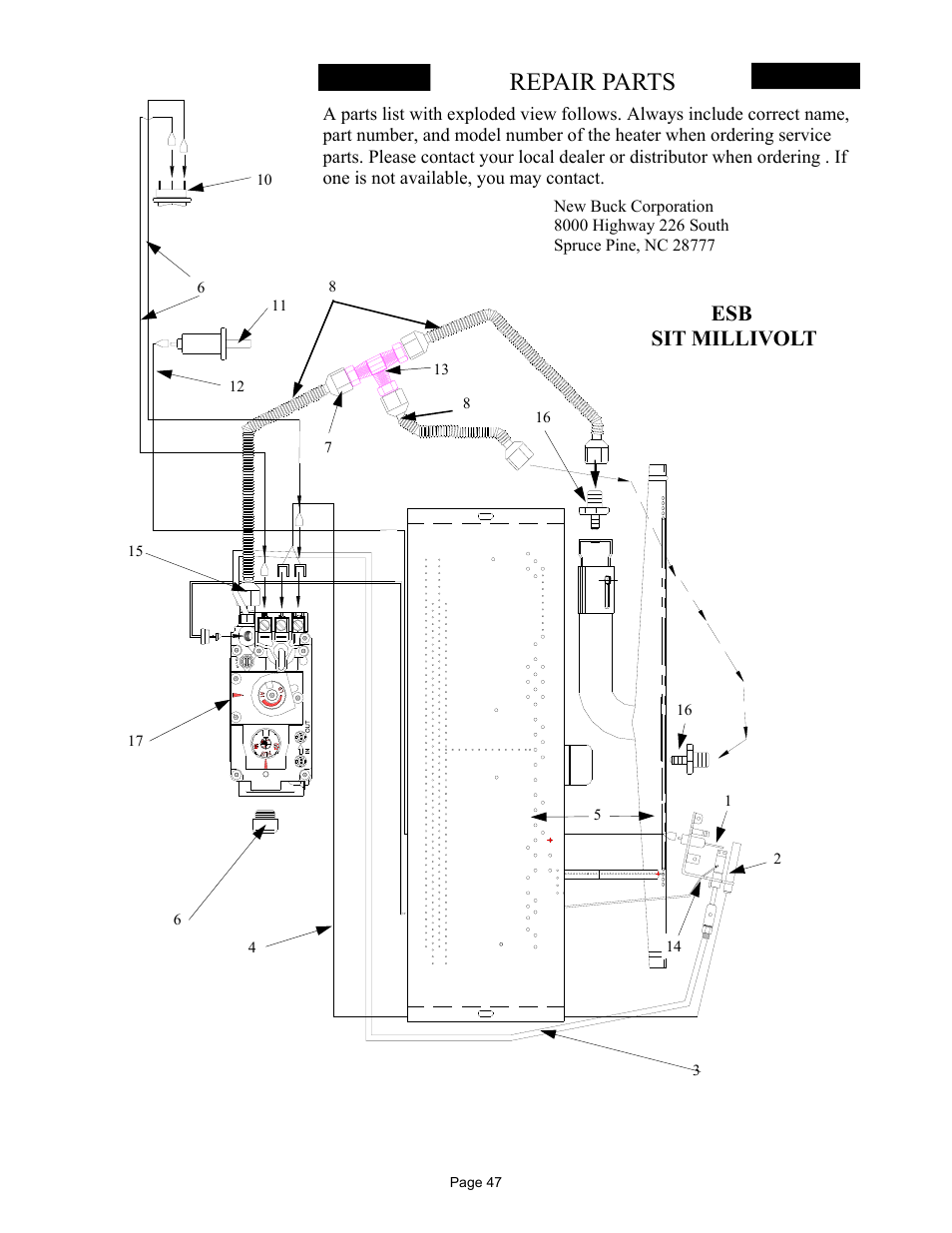 Repair parts, Esb sit millivolt | New Buck Corporation 384 User Manual | Page 51 / 54