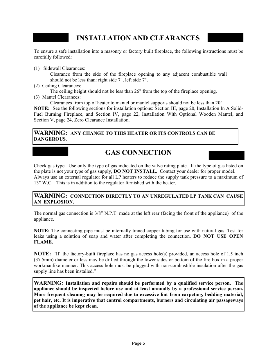 Installation and clearances, Gas connection | New Buck Corporation 384 User Manual | Page 9 / 54