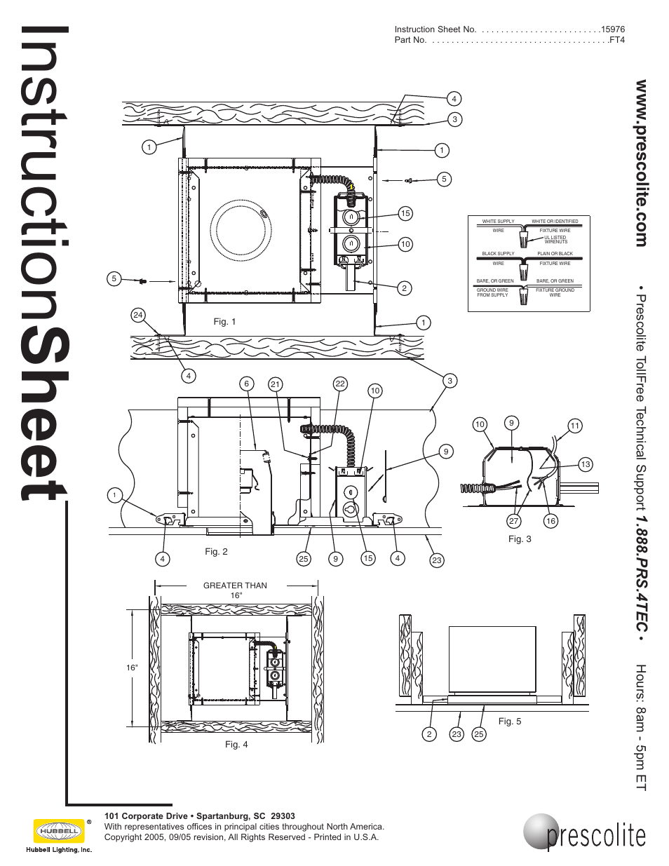 Instruction sheet, Prs.4tec, Prescolite tollfree technical support | Hours: 8am - 5pm et | Prescolite FT4 User Manual | Page 3 / 3