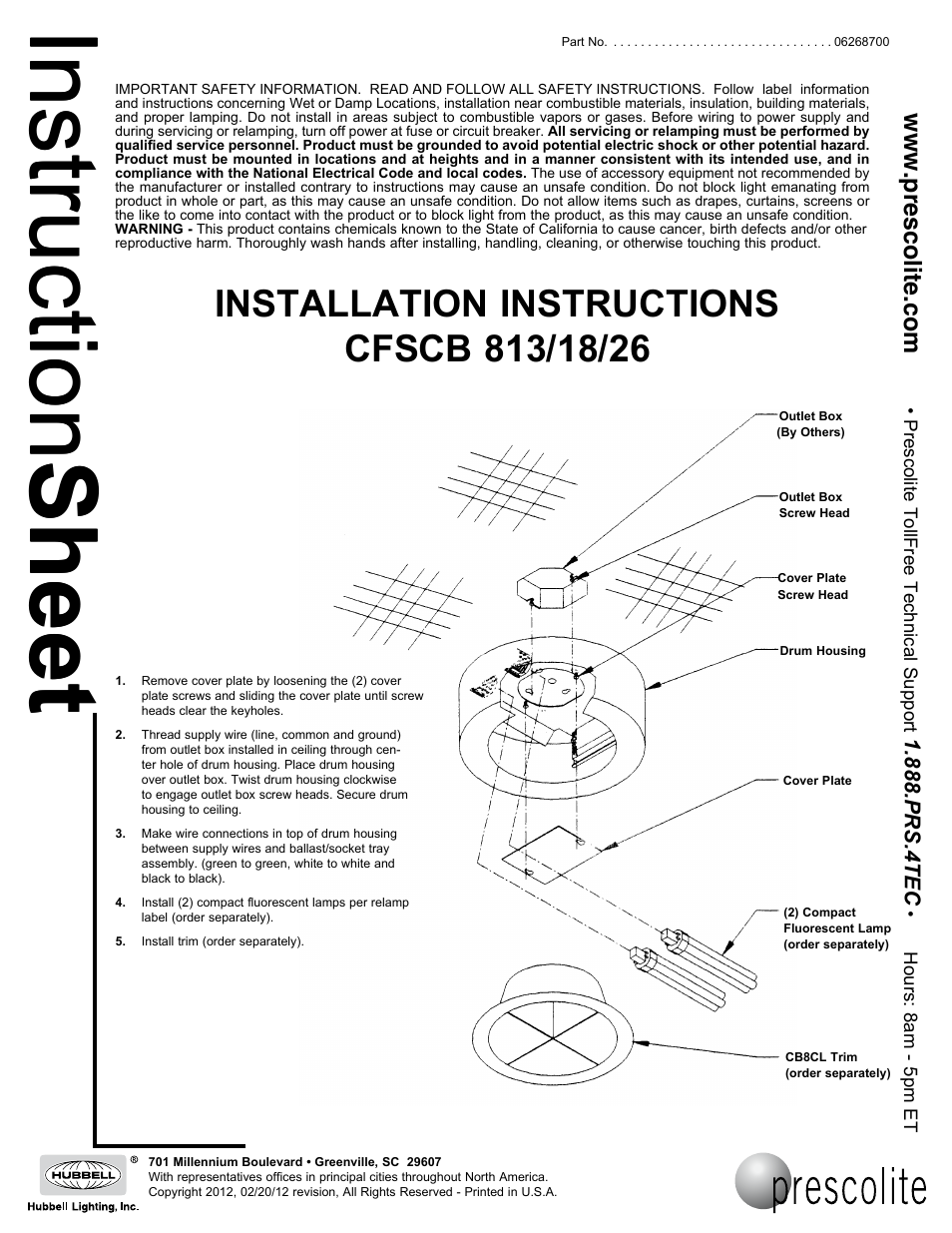 Prescolite CFSCB 813/18/26 User Manual | 1 page