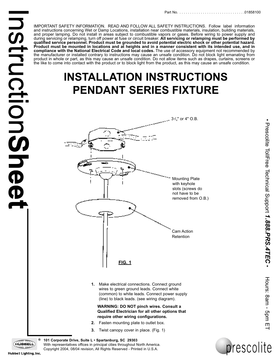 Prescolite PENDANT SERIES FIXTURE User Manual | 2 pages