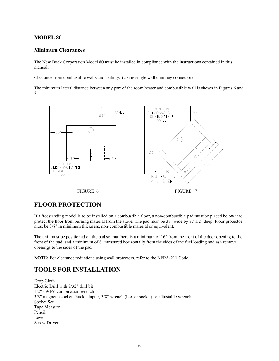Floor protection, Tools for installation | New Buck Corporation Heater Model 80 User Manual | Page 14 / 27