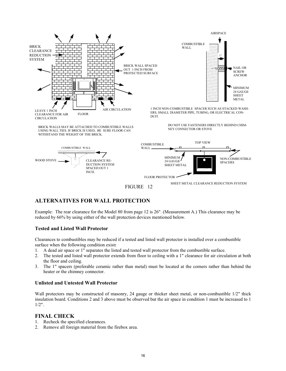 Alternatives for wall protection, Final check, Tested and listed wall protector | Unlisted and untested wall protector, Figure 12 | New Buck Corporation Heater Model 80 User Manual | Page 18 / 27