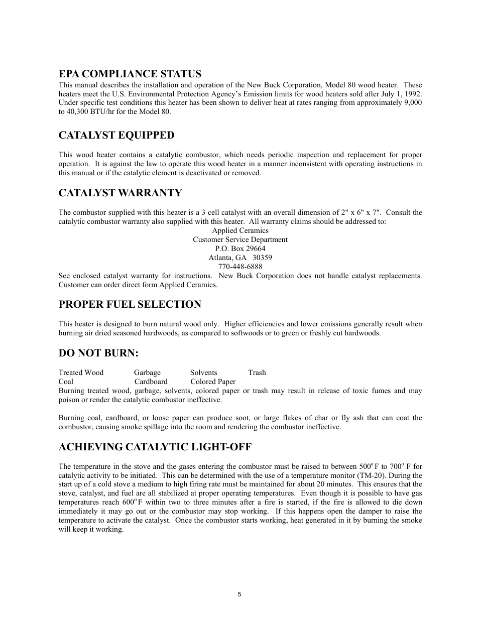 Epa compliance status, Catalyst equipped, Catalyst warranty | Proper fuel selection, Do not burn, Achieving catalytic light-off | New Buck Corporation Heater Model 80 User Manual | Page 7 / 27