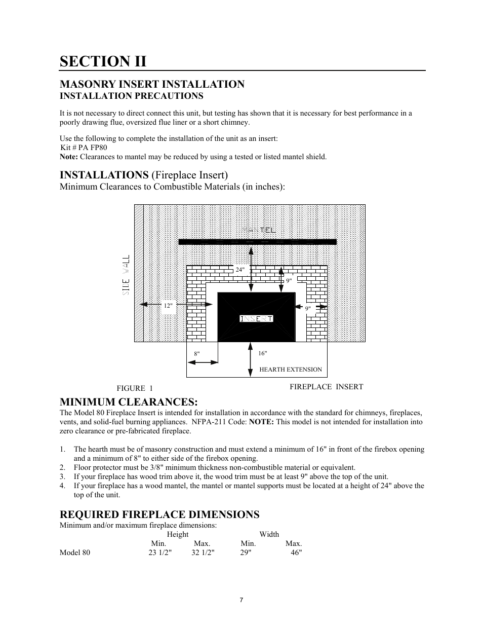 Masonry insert installation, Installations (fireplace insert), Minimum clearances | Required fireplace dimensions | New Buck Corporation Heater Model 80 User Manual | Page 9 / 27
