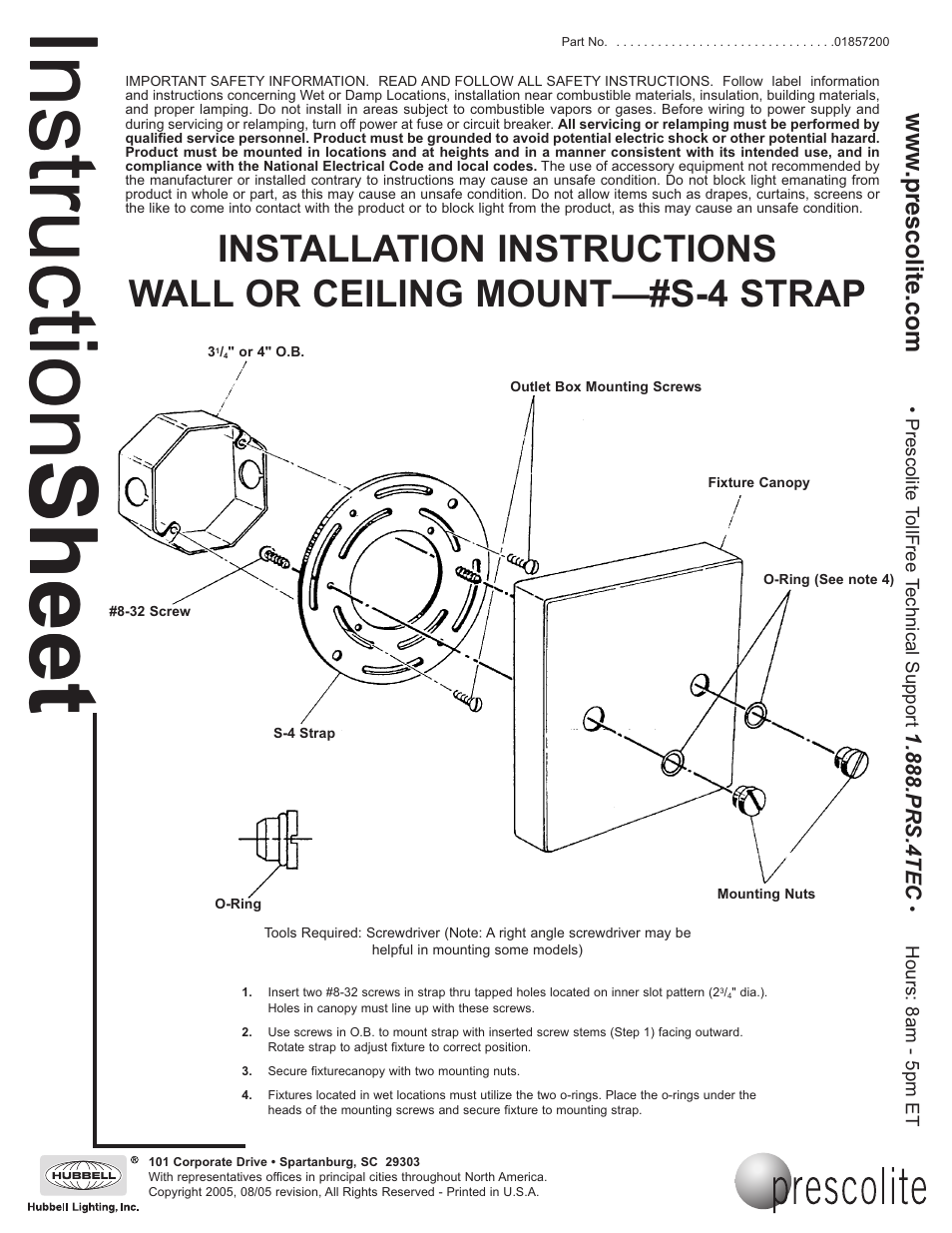 Prescolite S-4 STRAP WALL OR CEILING MOUNT User Manual | 1 page