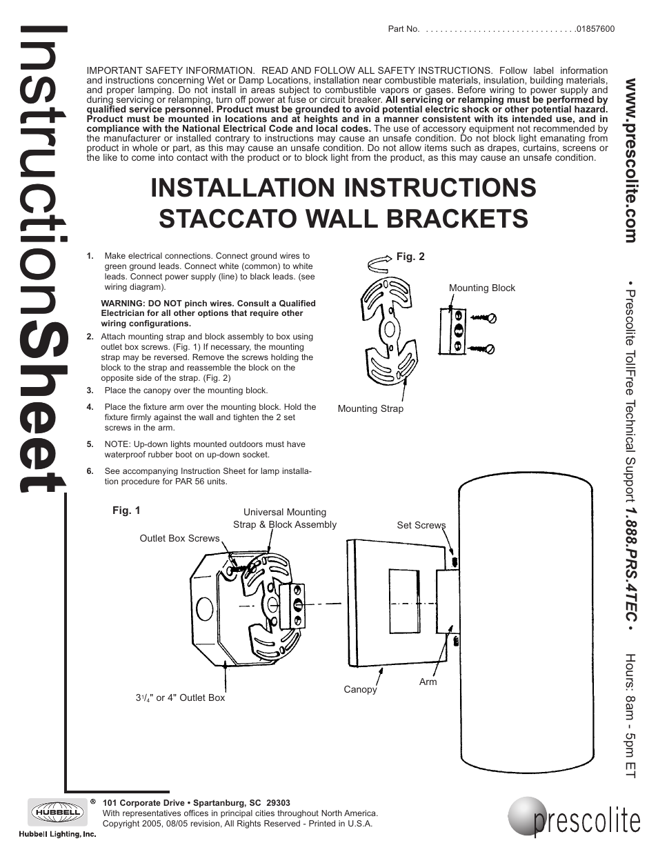 Prescolite STACCATO WALL BRACKETS User Manual | 1 page