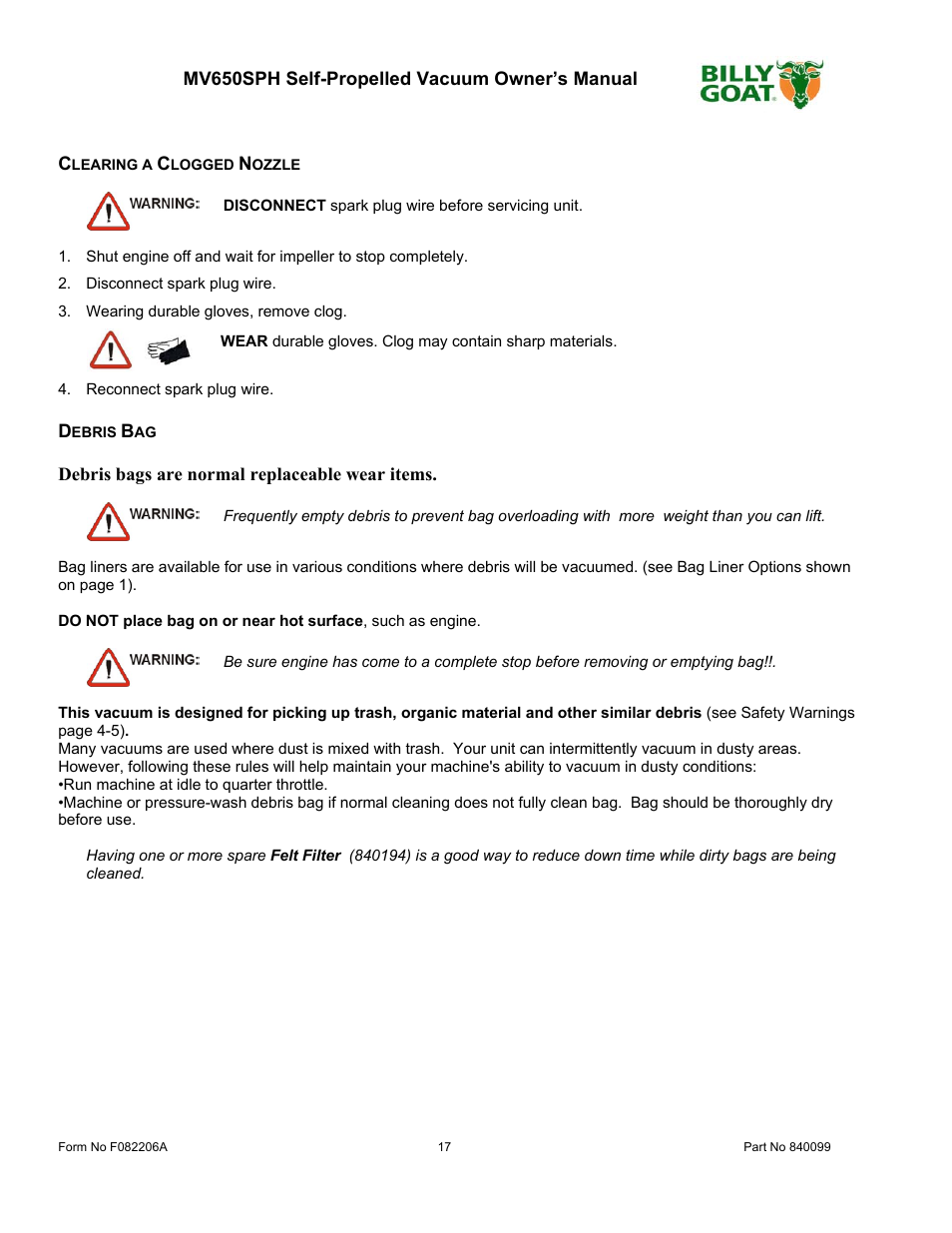 Billy Goat MV650SPH User Manual | Page 17 / 34