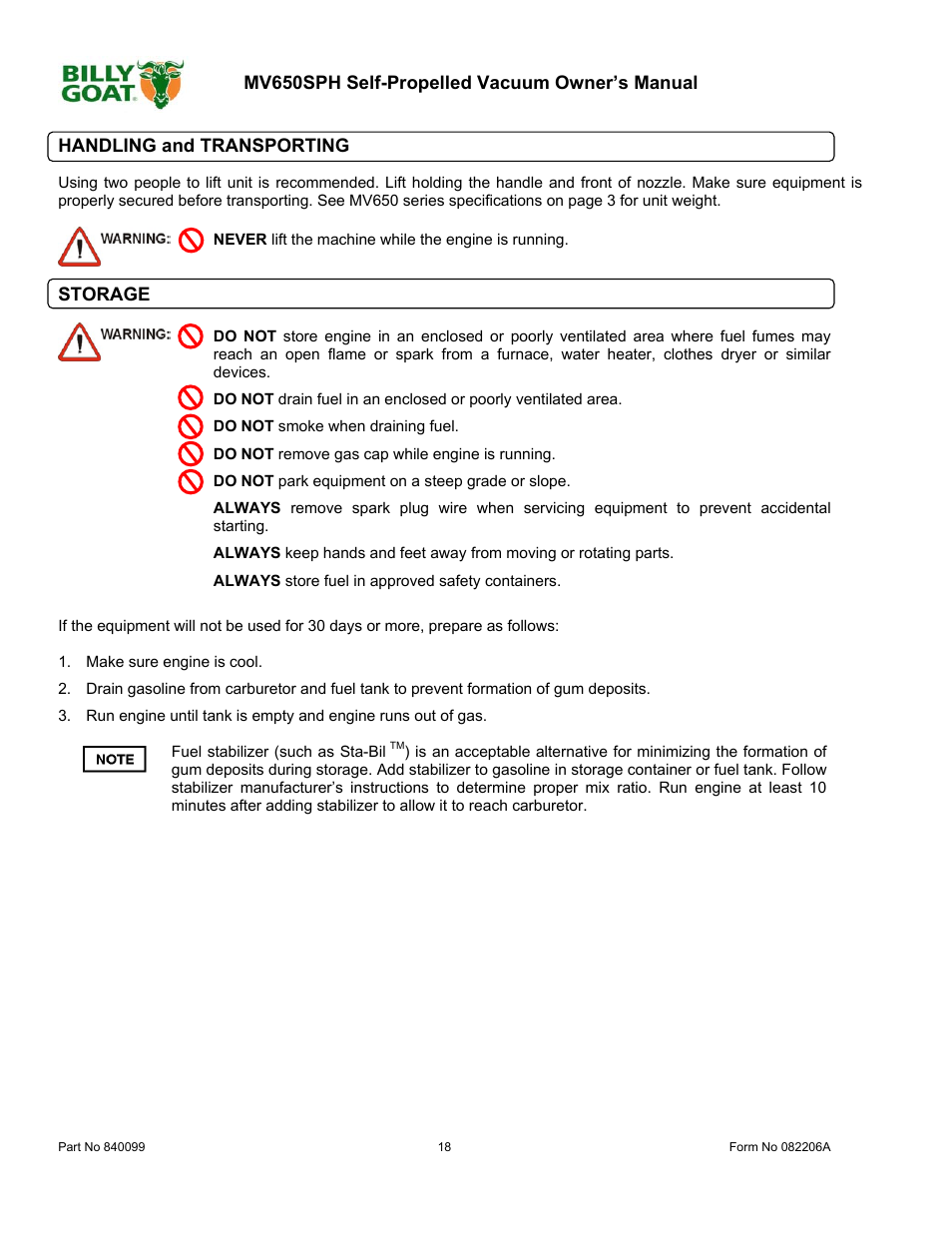 Storage | Billy Goat MV650SPH User Manual | Page 18 / 34