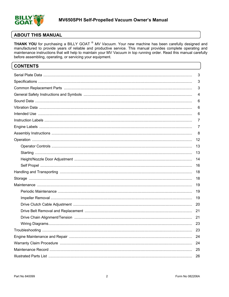 Billy Goat MV650SPH User Manual | Page 2 / 34