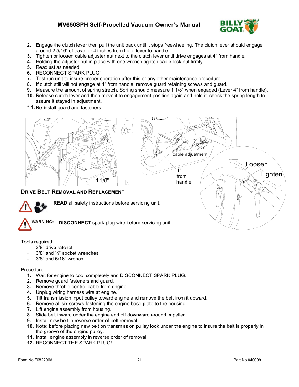 Tighten loosen | Billy Goat MV650SPH User Manual | Page 21 / 34