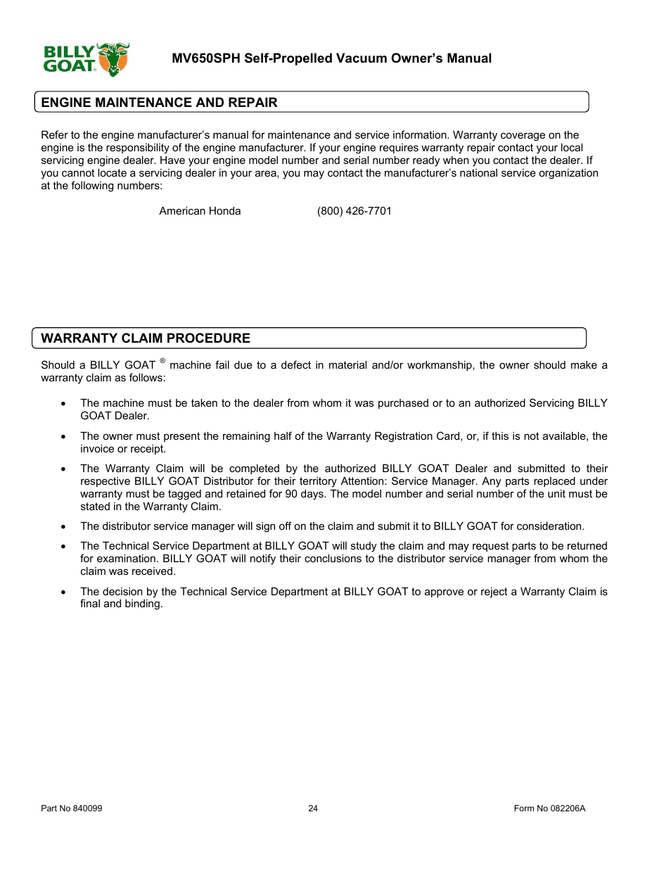 Billy Goat MV650SPH User Manual | Page 24 / 34