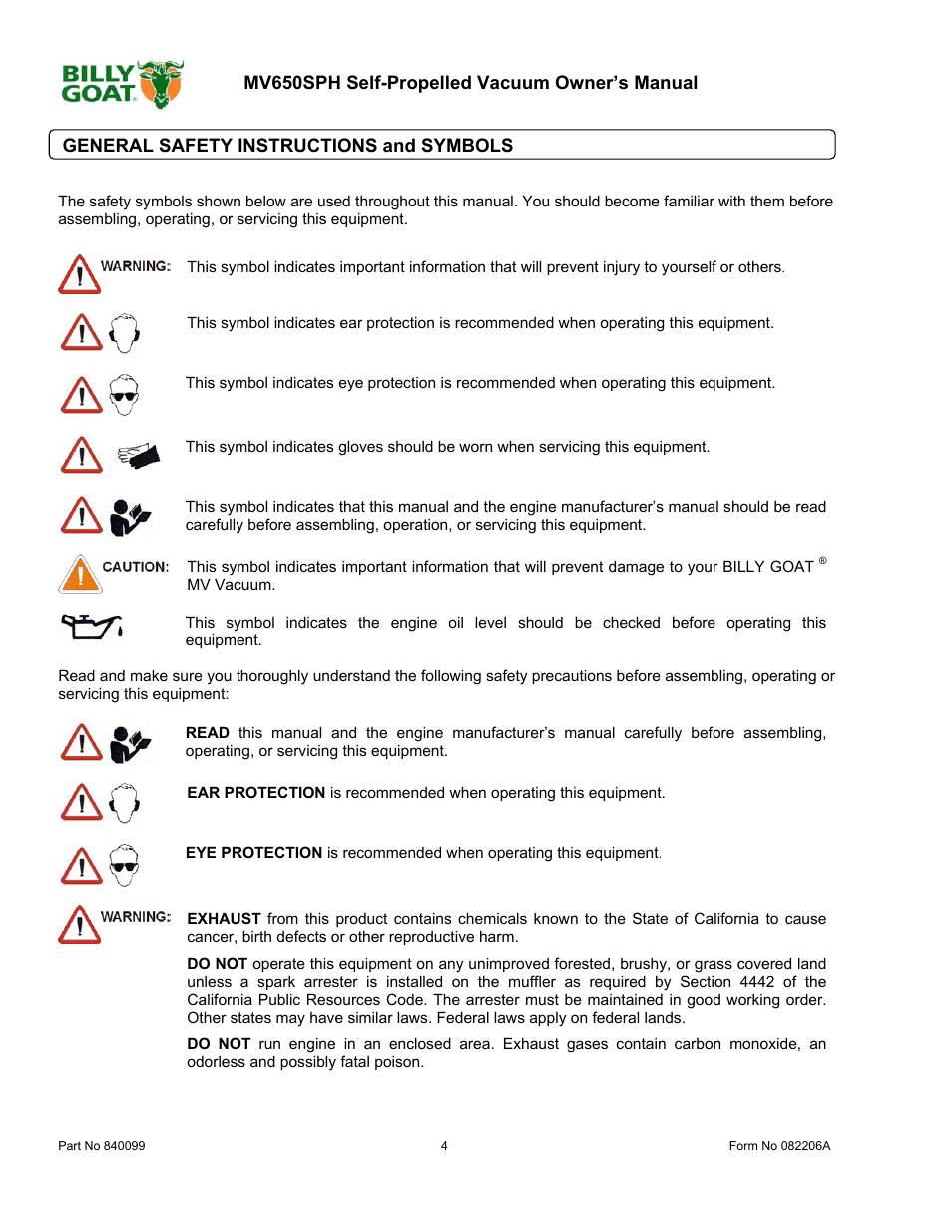 Mv650sph self-propelled vacuum owner’s manual, General safety instructions and symbols | Billy Goat MV650SPH User Manual | Page 4 / 34