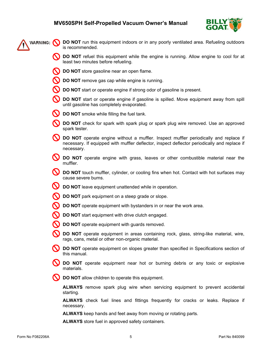 Billy Goat MV650SPH User Manual | Page 5 / 34
