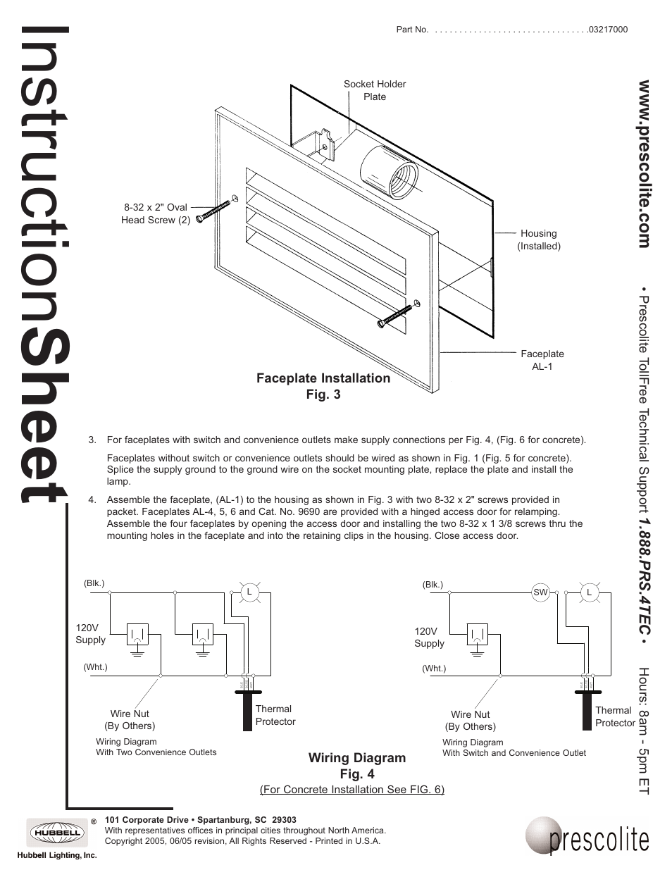 Instruction sheet, Prs.4tec, Prescolite tollfree technical support | Hours: 8am - 5pm et, Faceplate installation fig. 3, Wiring diagram fig. 4 | Prescolite AL-ALE User Manual | Page 2 / 3