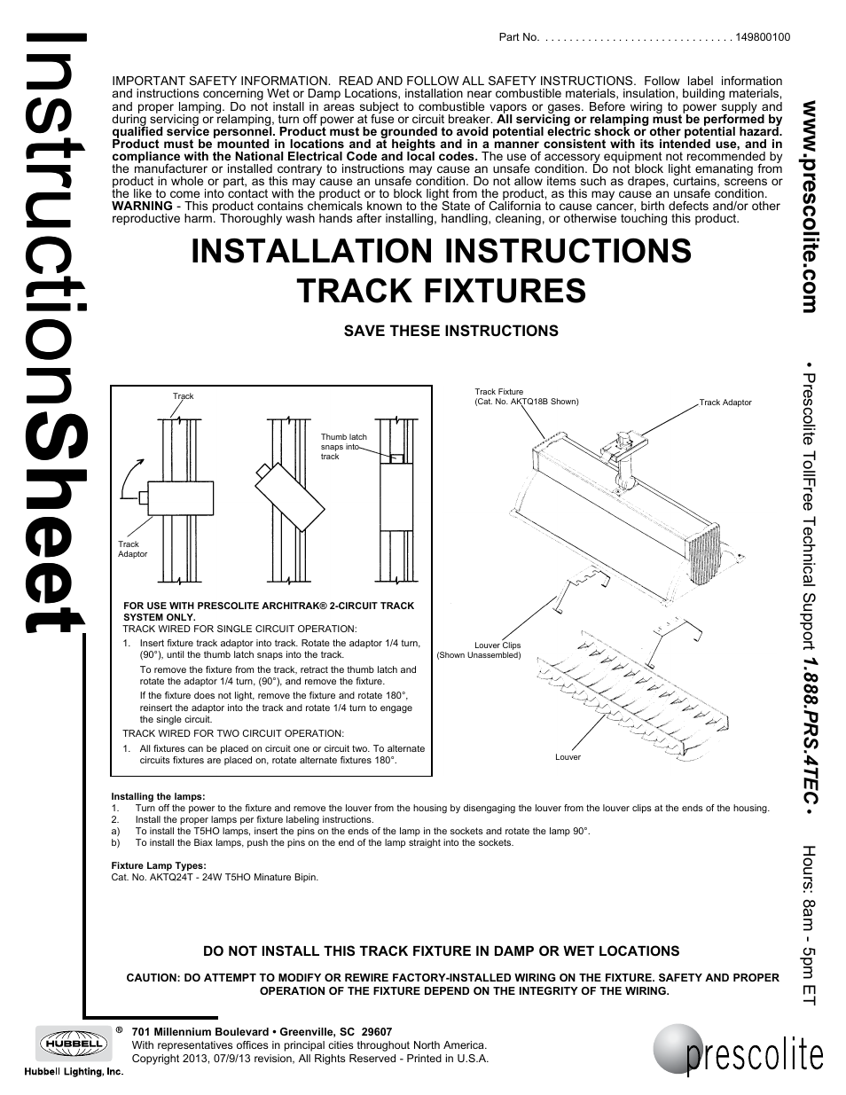 Prescolite TRACK FIXTURES User Manual | 1 page