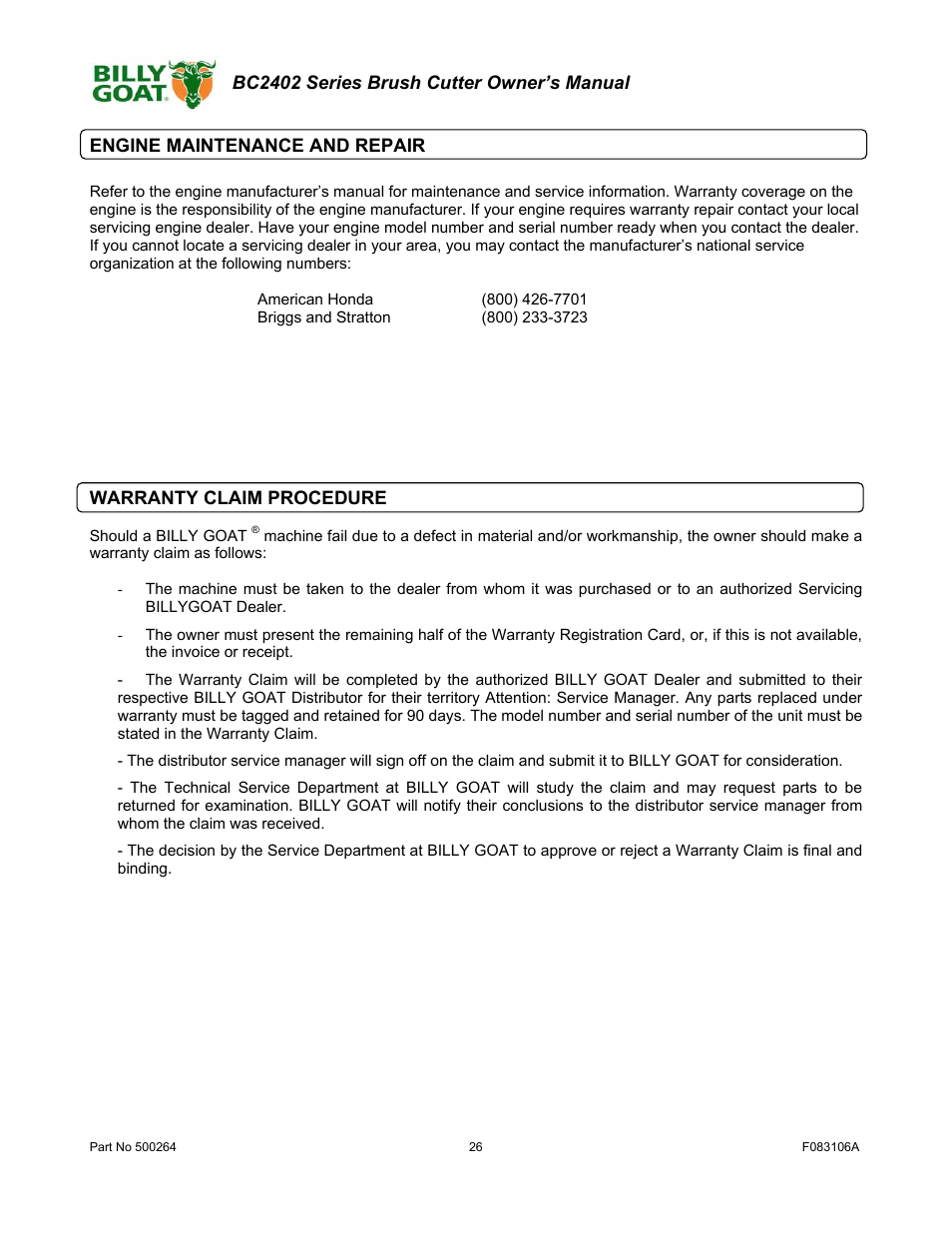 Billy Goat BC2402 User Manual | Page 26 / 36