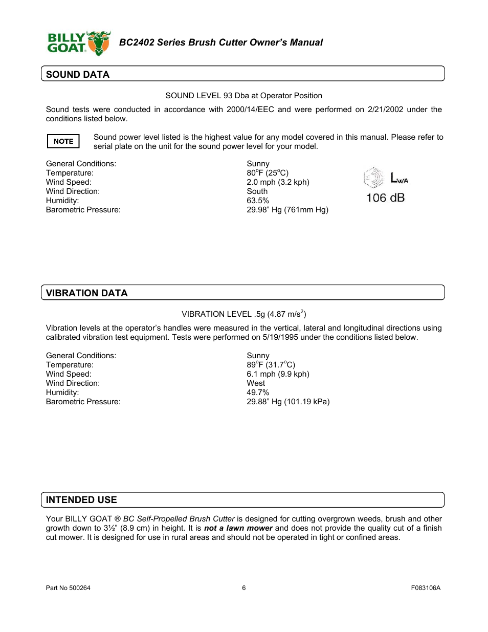 Vibration data, Intended use | Billy Goat BC2402 User Manual | Page 6 / 36