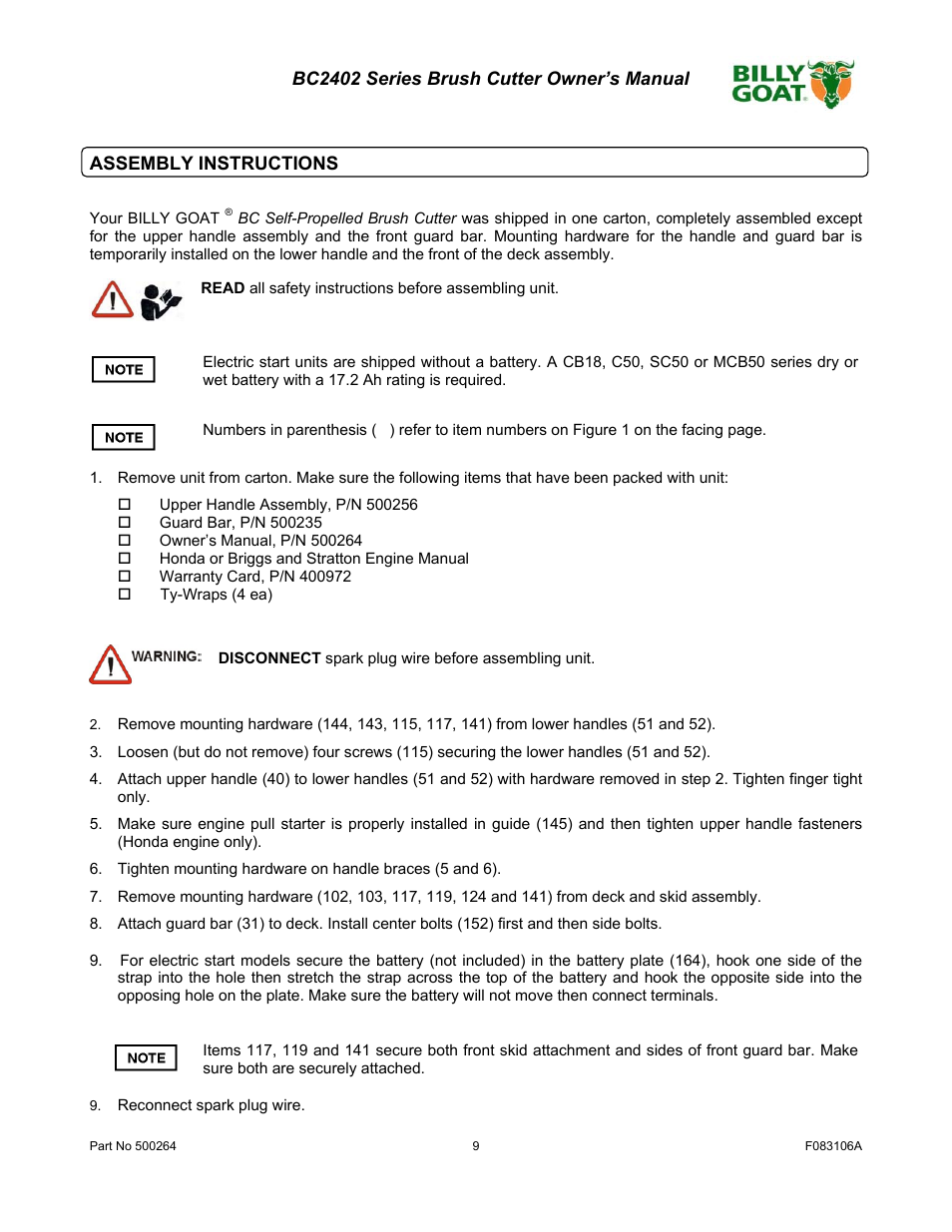 Bc2402 series brush cutter owner’s manual, Assembly instructions | Billy Goat BC2402 User Manual | Page 9 / 36