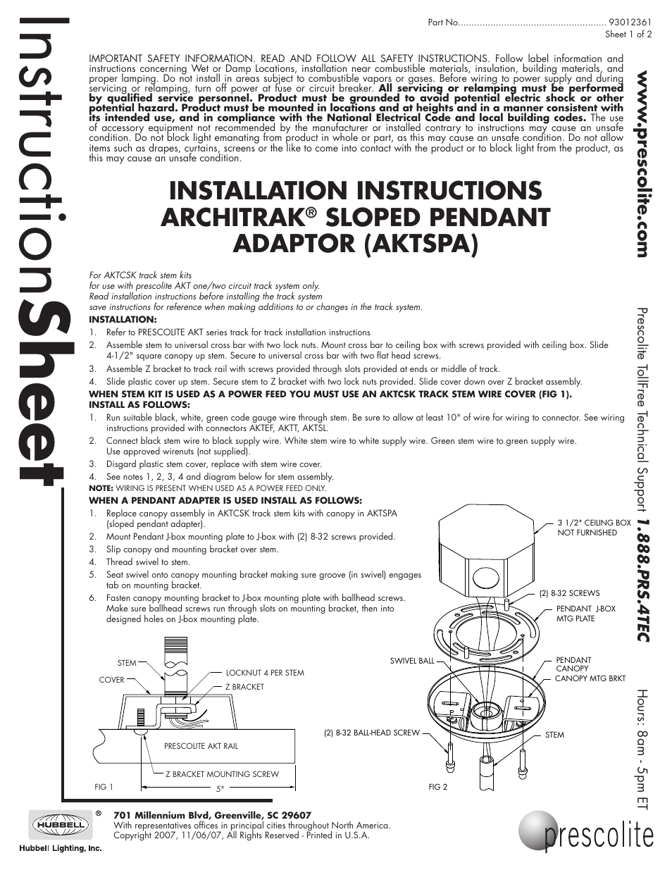 Prescolite AKTSPA User Manual | 2 pages