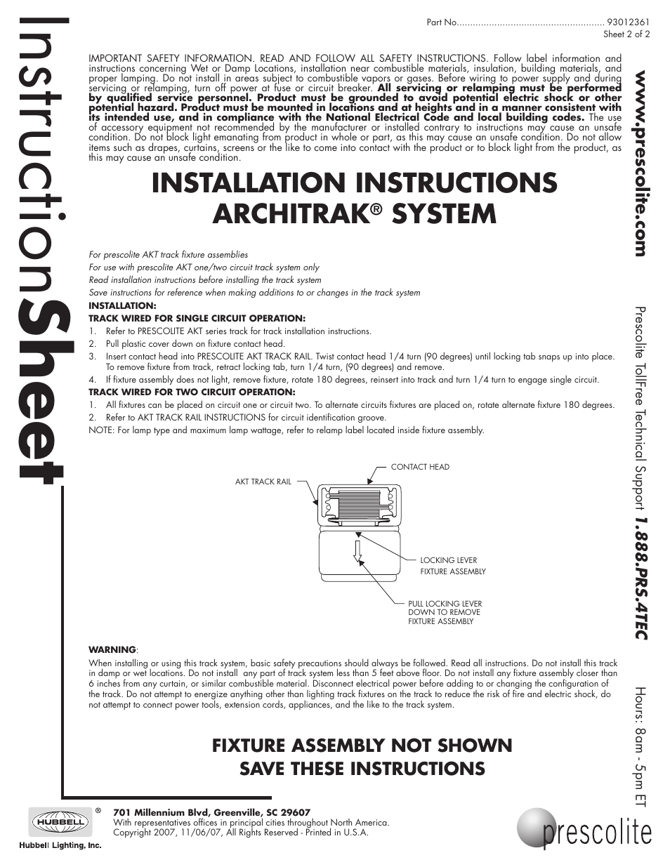 Instruction sheet, Installation instructions architrak, System | Fixture assembly not shown save these instructions | Prescolite AKTSPA User Manual | Page 2 / 2