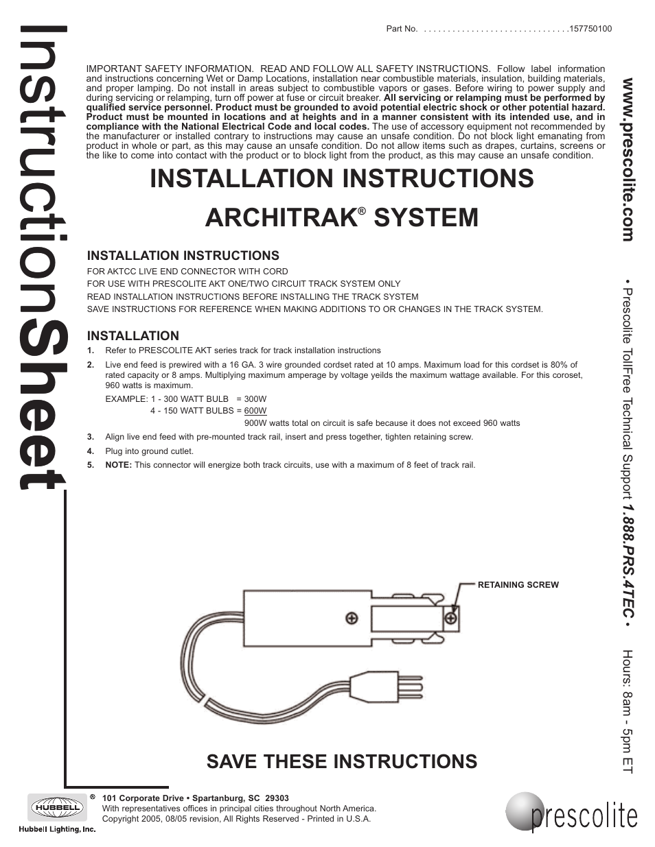 Prescolite ARCHITRAK SYSTEM AKTCC - Live End Joiner with Cord & Plug User Manual | 1 page