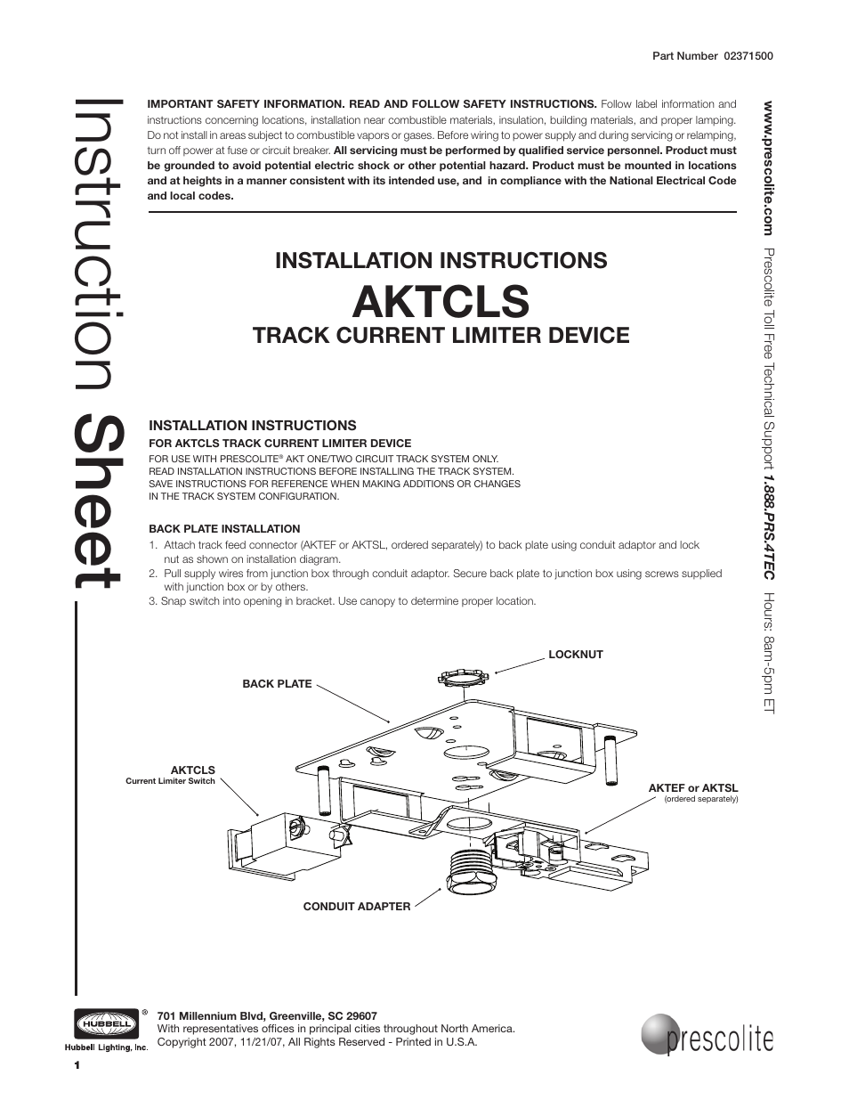 Prescolite AKTCLS User Manual | 3 pages