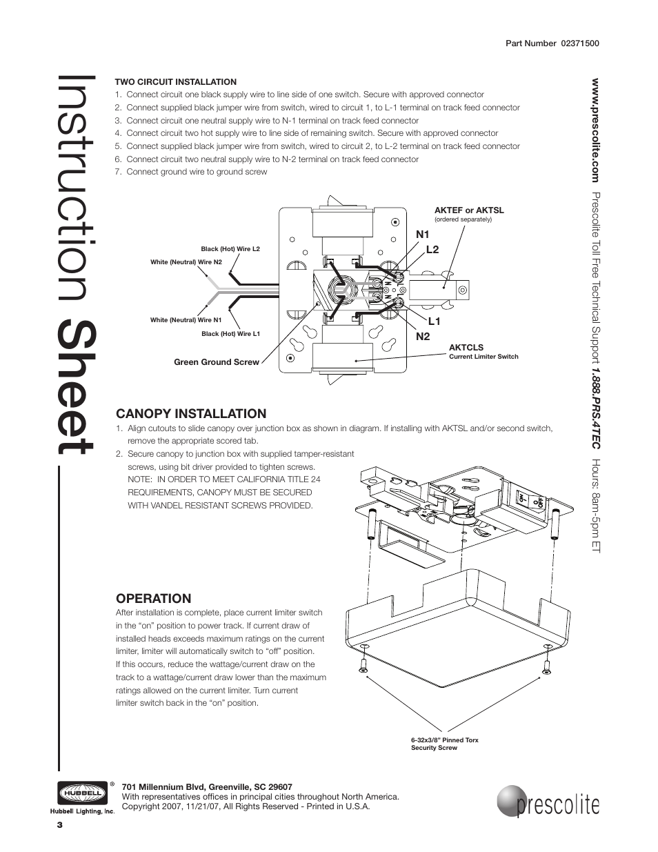 Instruction sheet | Prescolite AKTCLS User Manual | Page 3 / 3