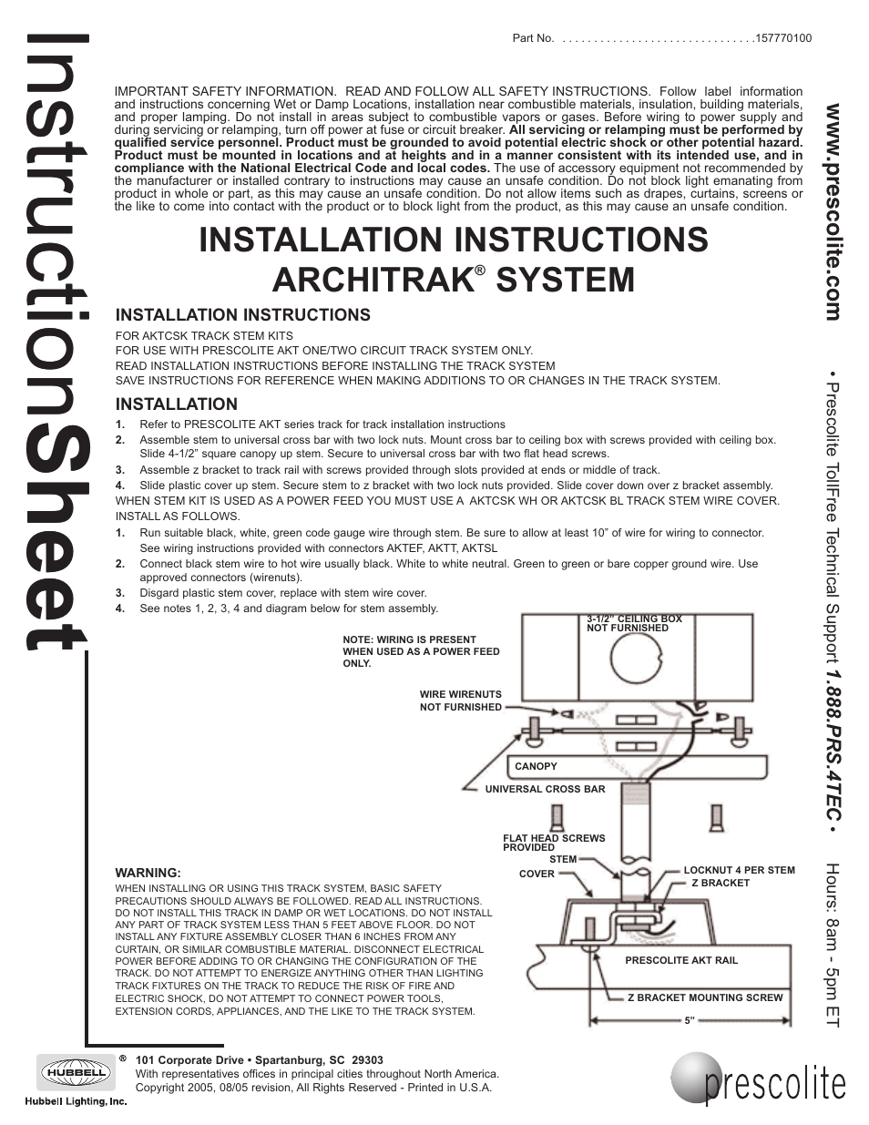 Prescolite ARCHITRAK SYSTEM AKTCSK - Canopy Mount Stem Kit User Manual | 1 page